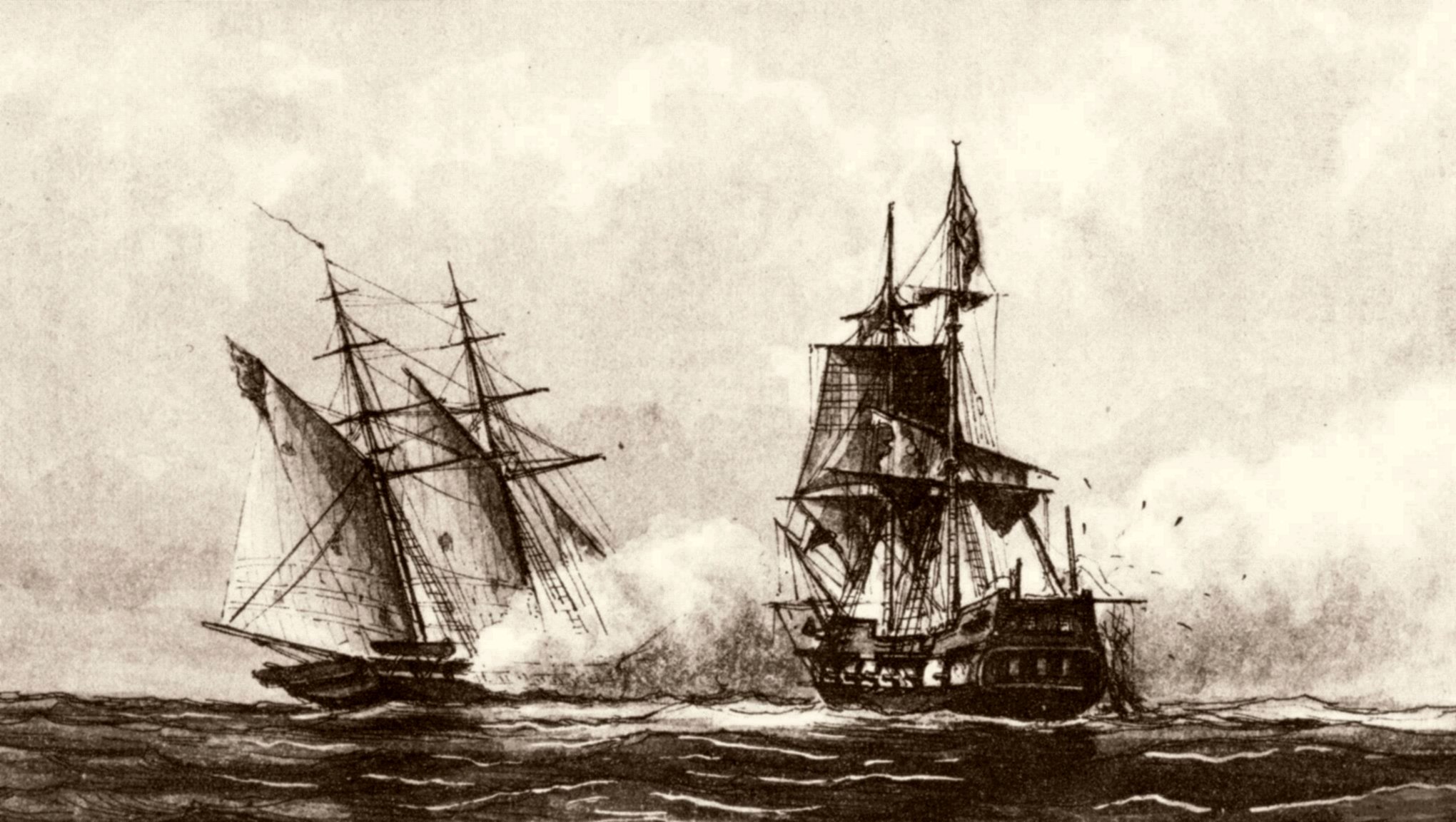 U.S.S. Enterprise capturing the Tripolitan corsair Tripoli off Malta 1 August 1801. From a drawing (c. 1878) by Capt. William Bainbridge Hoff, U.S. Navy. Photo from the U.S. National Archives.