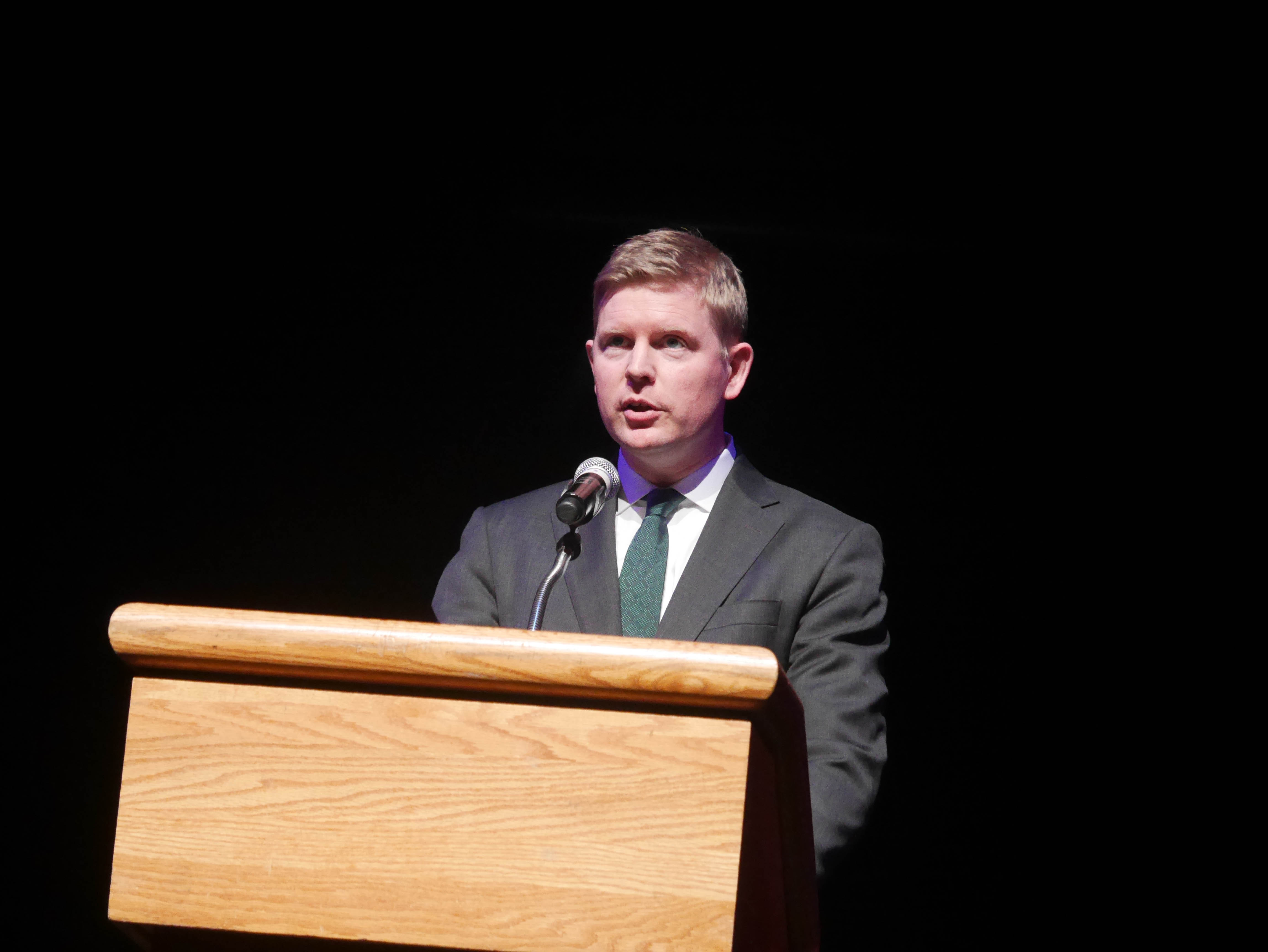 Consul General of Ireland in Atlanta Shane Stephens speaks at the Atlanta Centenary Concert. 