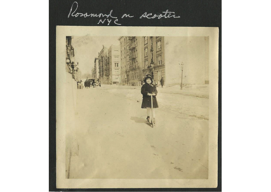 Rosamond on a scooter in New York City, c. 1915.