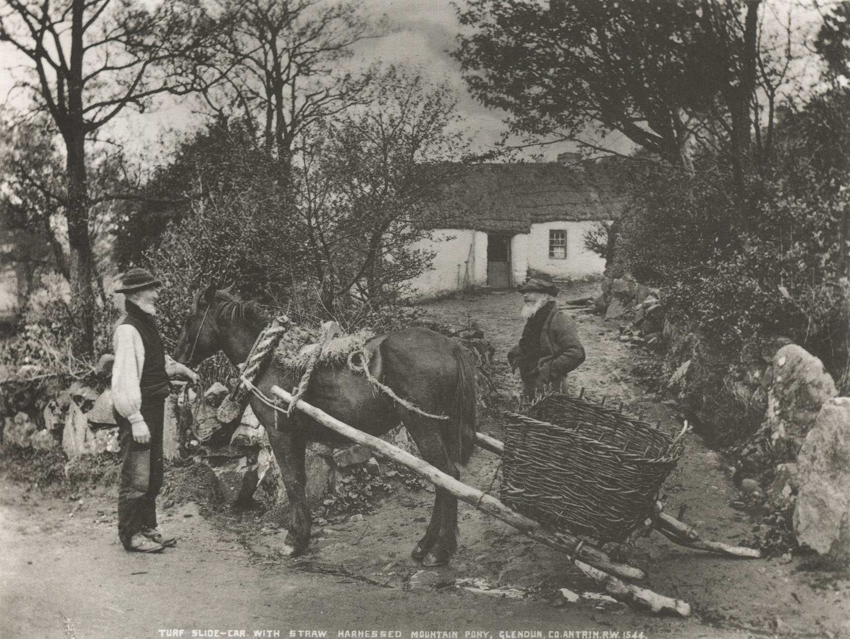 Slide car with straw-harnessed mountain pony, Glendun, Co. Antrim, c. 1895.