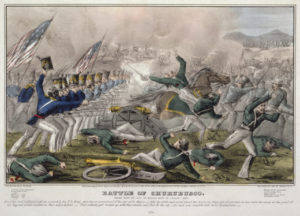 "Battle of Churubusco. Fought near the city of Mexico 20th of August 1847 / J. Cameron." Hand-tinted lithograph. 1847. John Cameron (artist), Nathaniel Currier (lithographer and publisher).