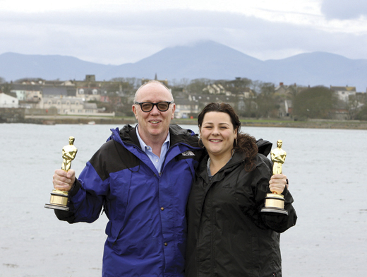 <em>Ulster homecoming: Terry and his daughter Oorlagh pose with their joint Oscars for The Shore. The film won the 2012 Oscar for Best Live Action Short Film.</em>