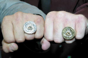 Arturo Gotti and Ward pose with their new trilogy rings that Arturo had made and gave to Micky as a retirement gift. In the last fight of his career Ward lost by a decision to Gotti. The two are friends, and each received $1 million from HBO for the fight which took place in Atlantic City in June.