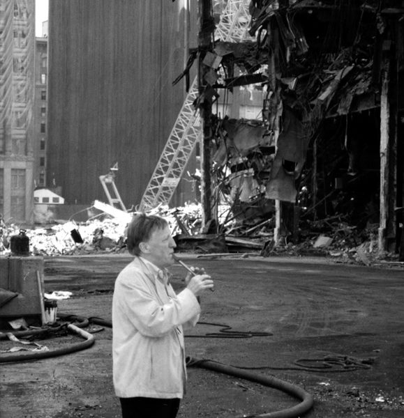 Chieftain Paddy Moloney plays the tin whistle at Ground zero in memory of those who were lost.