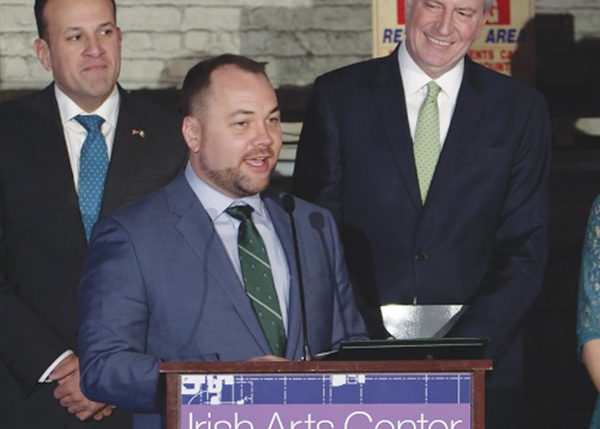 Speaker of New York City Council, Corey Johnson, at the Irish Arts Center. Pictured are Irish Taoiseach Leo Varadkar, Corey, Mayor Bill de Blasio, and Pauline Turley, the center's vice chair. Speaking at the event, which marked a $2.5 million grant from the Irish Government to the center, Johnson said: "The story of this project, in many ways, is the story of Ireland and the story of New York. It's persistent, gritty history of how we moved this project forward."