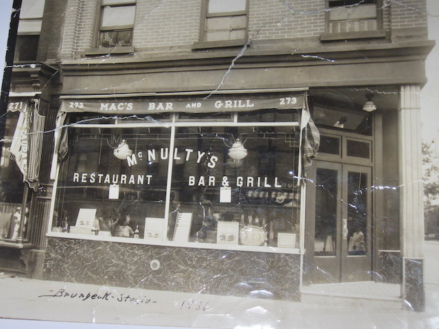 A shot of the front window of McNulty's Bar & Grill on 17th St & 9th Ave in Prospect Park, Brooklyn.