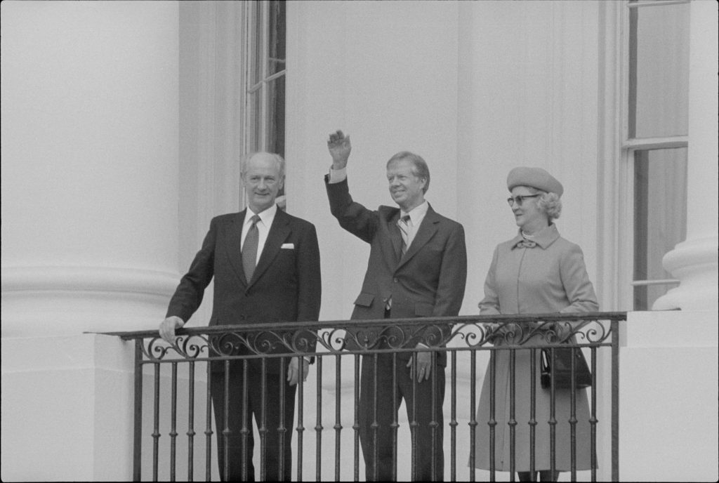 Taoiseach Jack Lynch on the White House balcony with his wife Máirín Lynch and President Jimmy Carter, Washington, D.C.