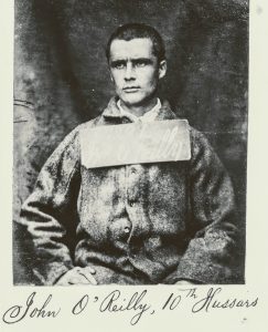 O'Reilly was photographed while a prisoner in Mountjoy, 1866 (New York Public Library). He would soon after be transferred to England where he spent time in prisons such as Millbank and Dartmoor, among others.