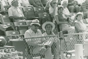 Peter O’Malley; Terry O’Malley Seidler. Peter O’Malley and his sister Terry take in a Los Angeles Dodger exhibition game at Holman Stadium, Dodgertown, Vero Beach, Florida, circa 1990s. Photo: walteromalley.com