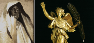 (Left) A detail from the Adams Memorial is a grave marker for Marian Hooper Adams and Henry Adams located in Section E of Rock Creek Cemetery, Washington, D.C. (Right) A detail from "Victory" the General William Tecumseh Sherman monument at Grand Army Plaza in midtown Manhattan, New York.