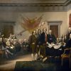 John Trumbull portrayed Thomson standing across the table from the Committee of Five in his 1818 painting Declaration of Independence.