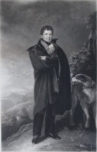 A painting of Daniel O'Connell with his arms folded and his dog to the right. 