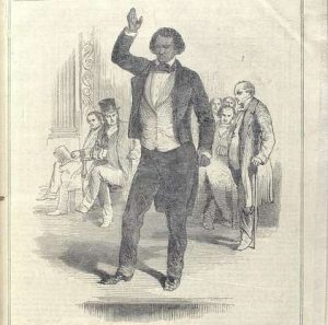 An illustration of Frederick Douglass addressing an English audience about slavery abolition and the Irish Home Rule in 1846. 