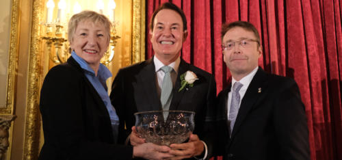 2019 Business 100 keynote speaker Paul Boskind flanked on the left and right by Irish America editor-in-chief Patricia Harty and Consul General Ciarán Madden. (Photo James Higgins)